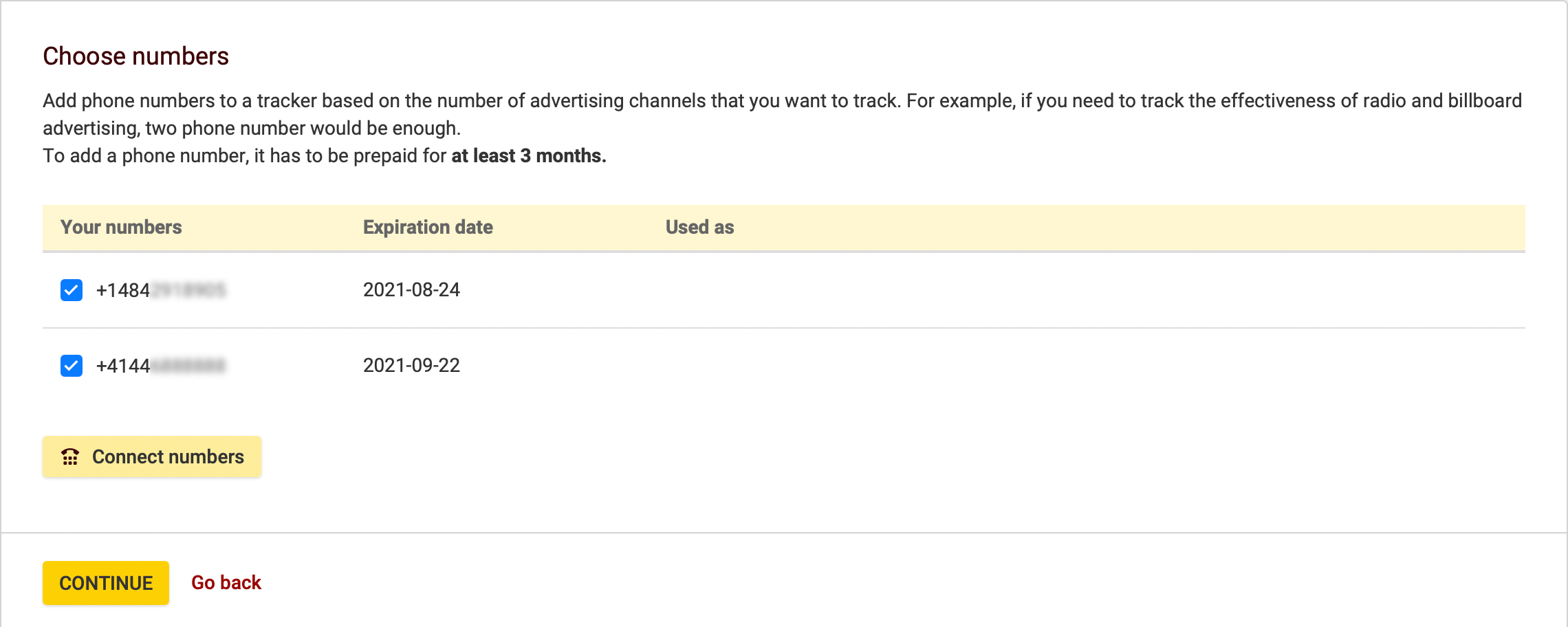 Choose numbers for call tracking