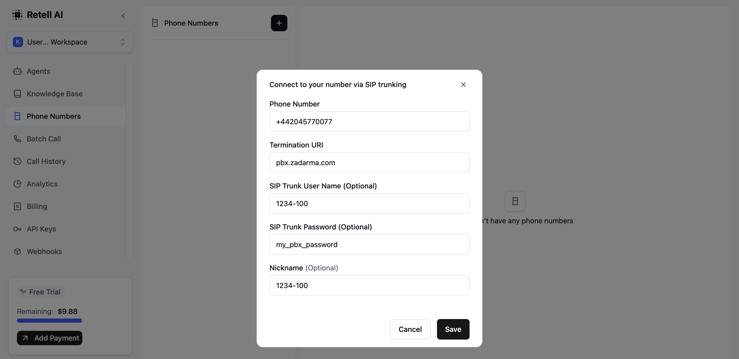Параметры в Retell AI