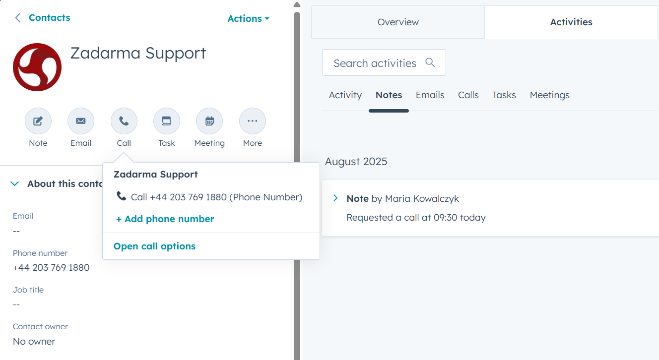Calls to clients from HubSpot
