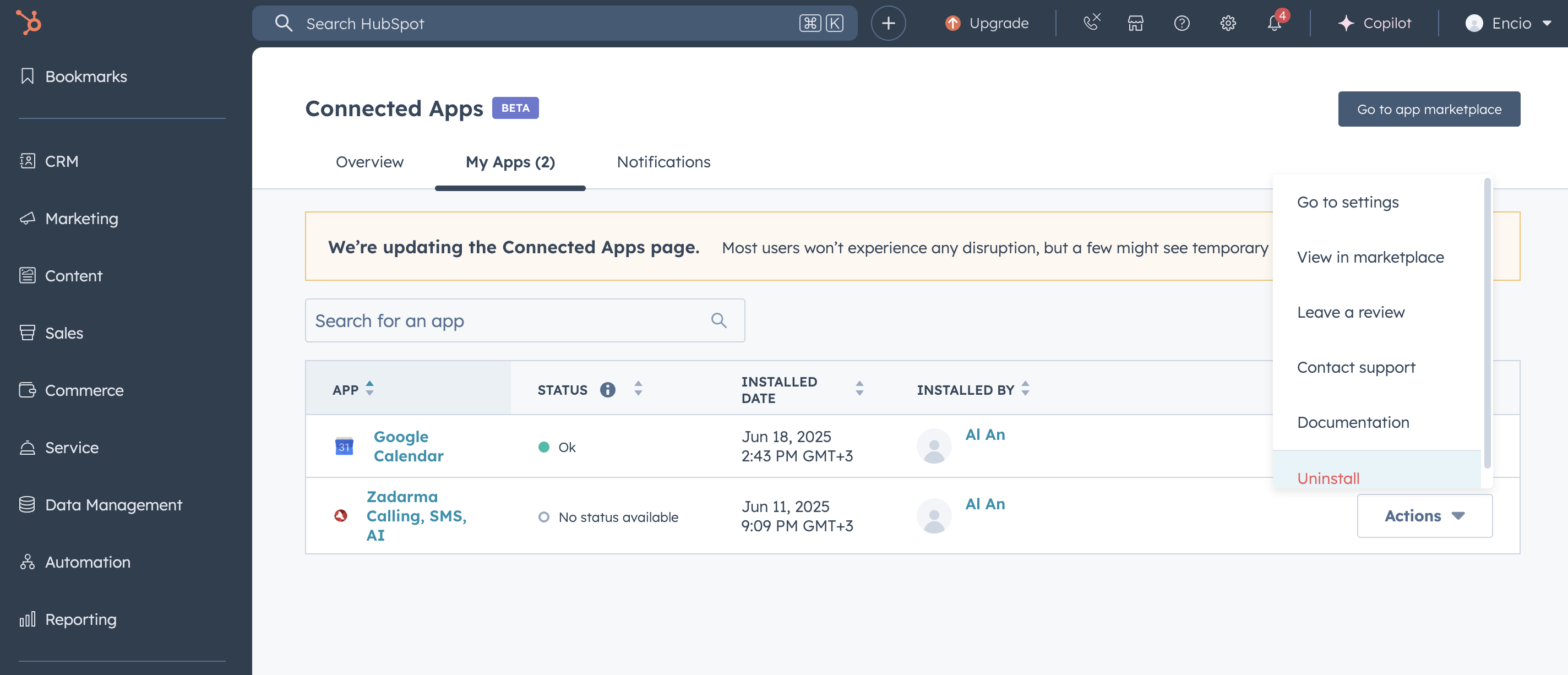Uninstall in HubSpot